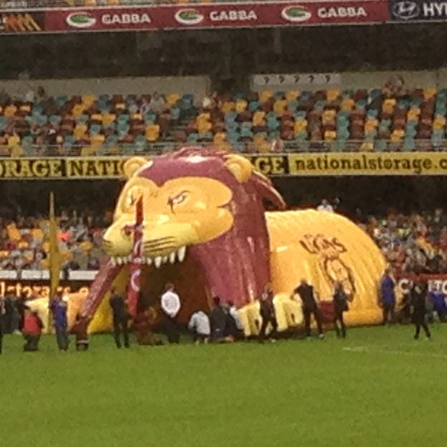 All hail "Brian the Lion" The new good luck charm arrived a few weeks late but clearly made the difference! @brisbanelions @afl @triplembrisbane @triplemfooty #AFLLionsPower #GoLions #longlivebrian